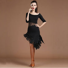 Load image into Gallery viewer, Sequin Fringes 2018 Women Latin Dance Clothes Off-shoulder Salsa Samba Mid Sleeves Costumes Latin Dance Dress - letsdancestore