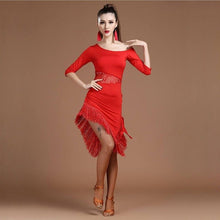 Load image into Gallery viewer, Sequin Fringes 2018 Women Latin Dance Clothes Off-shoulder Salsa Samba Mid Sleeves Costumes Latin Dance Dress - letsdancestore